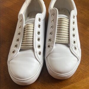 White Slip-On Sneakers with Gold Accents